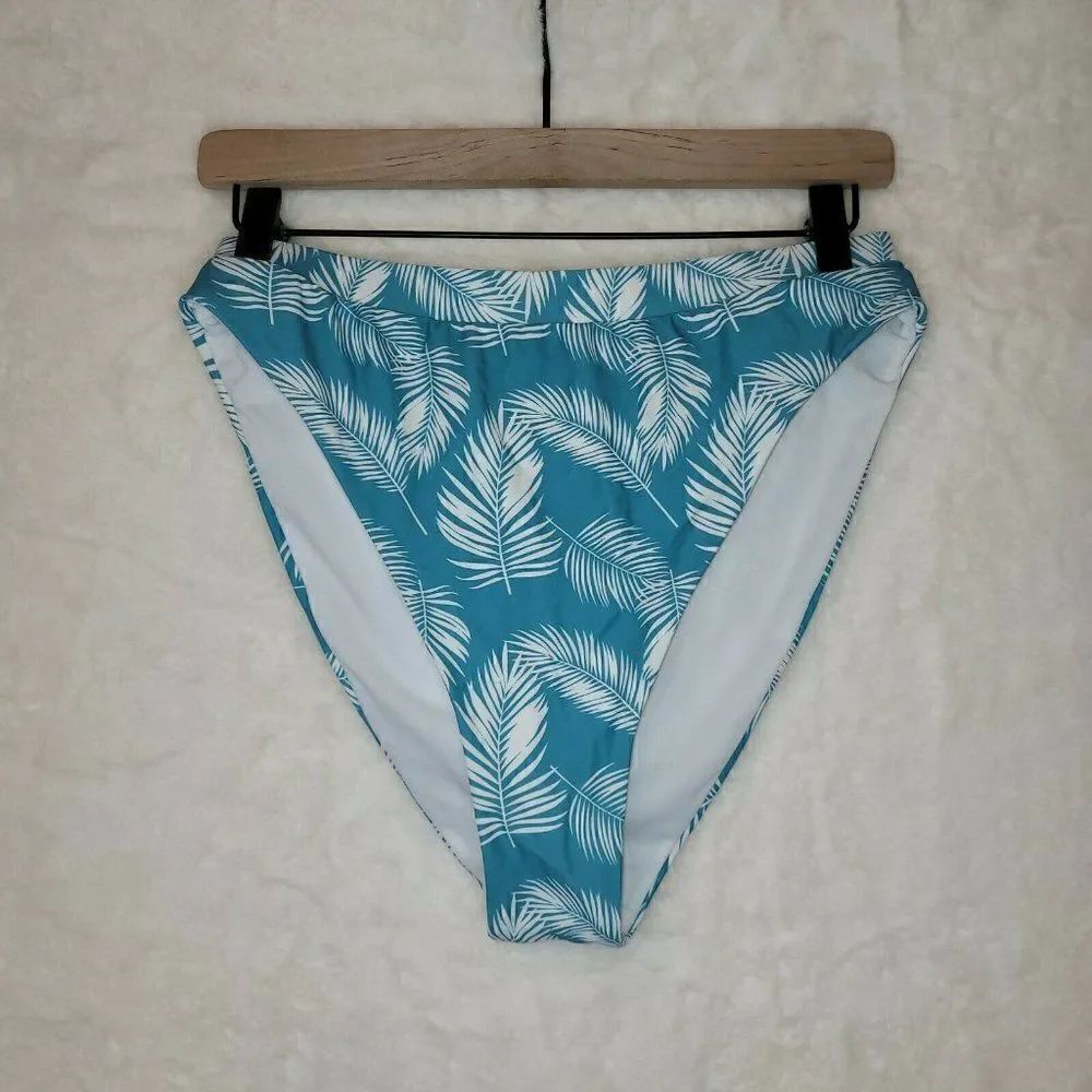 NWOT PINK LILY Cheeky Blue White Palms Swim Bikini Bottom High Waist Sz …